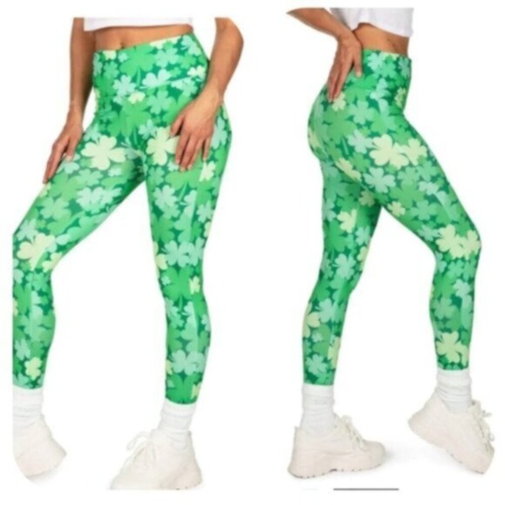 NWT Tipsy Elves Green Leaf Clovers Field High Waist Leggings Size Medium